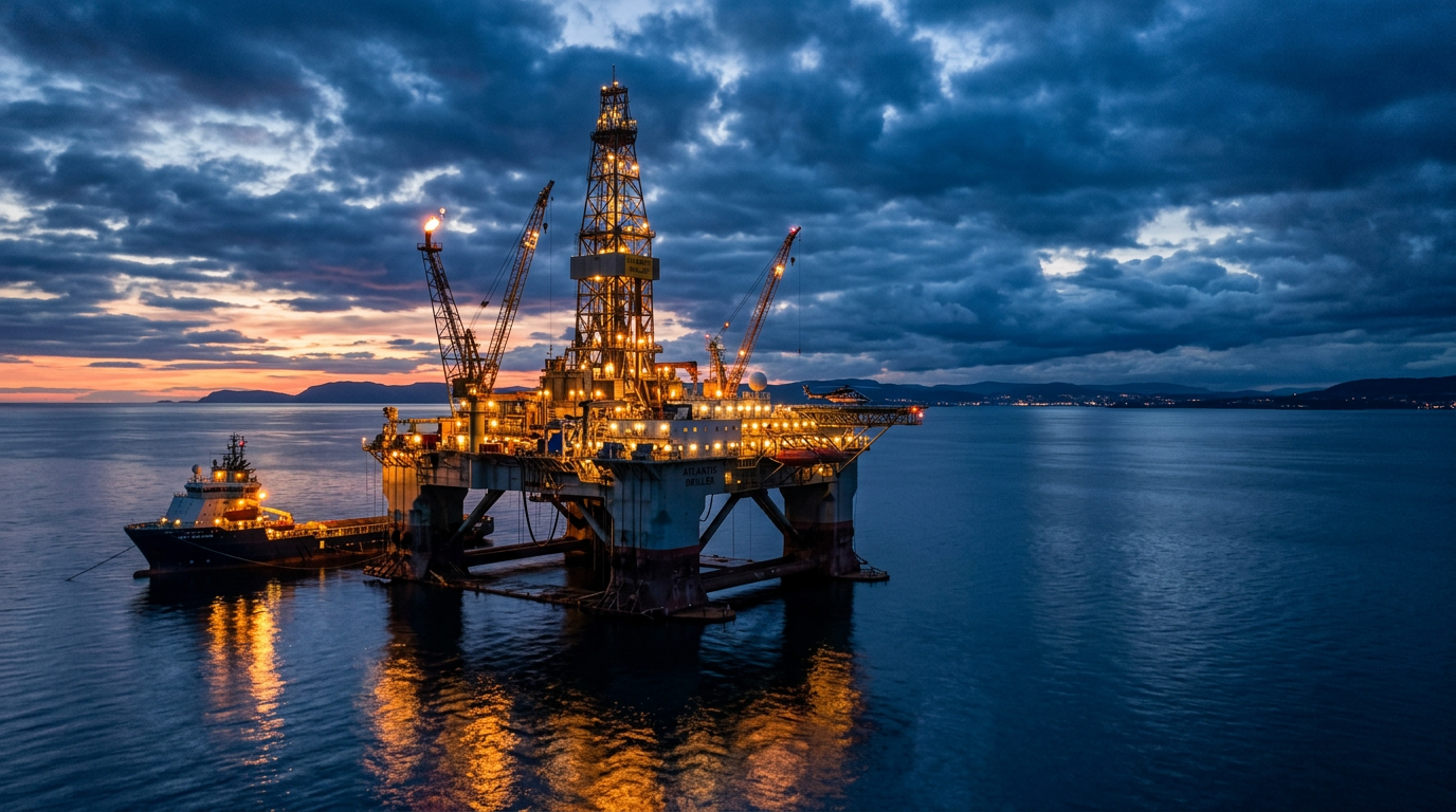 Offshore oil platform at dusk